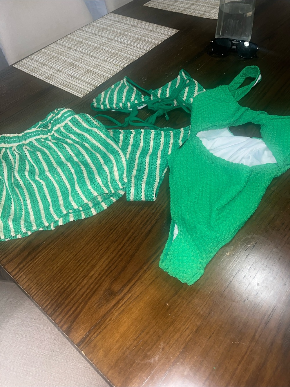 SHEIN Green Textured One-Piece & Striped Bikini Set